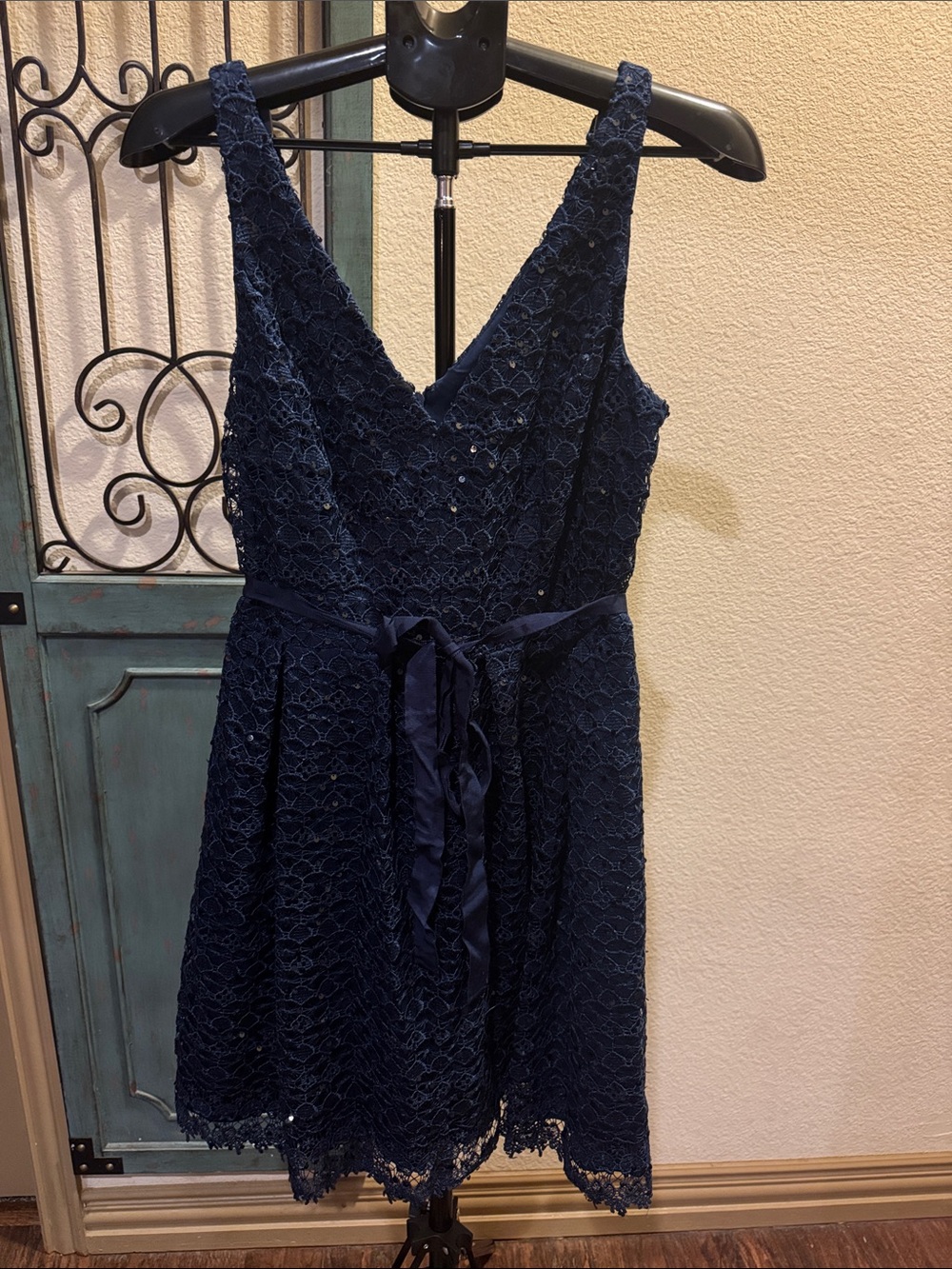 Adrianna Papell Navy Lace V-Neck Cocktail Dress